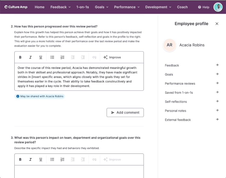 Animation showing how Culture Amp's AI-suggested improvements to feedback looks like
