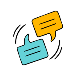 Illustration of a two speech bubbles, a yellow 180 degrees rotated opposite a blue